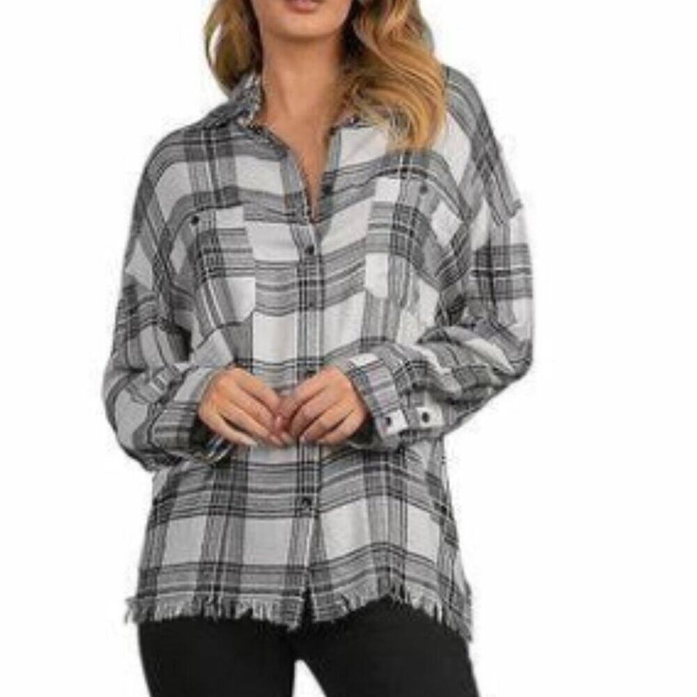 Elan Metallic Plaid Fringe Button-Down Top